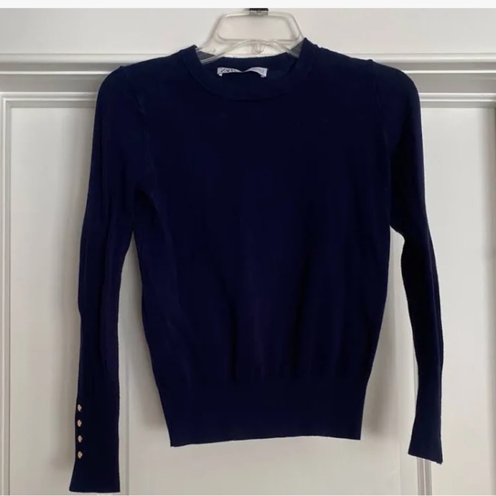 Zara Navy Crewneck Sweater with Sleeve Buttons